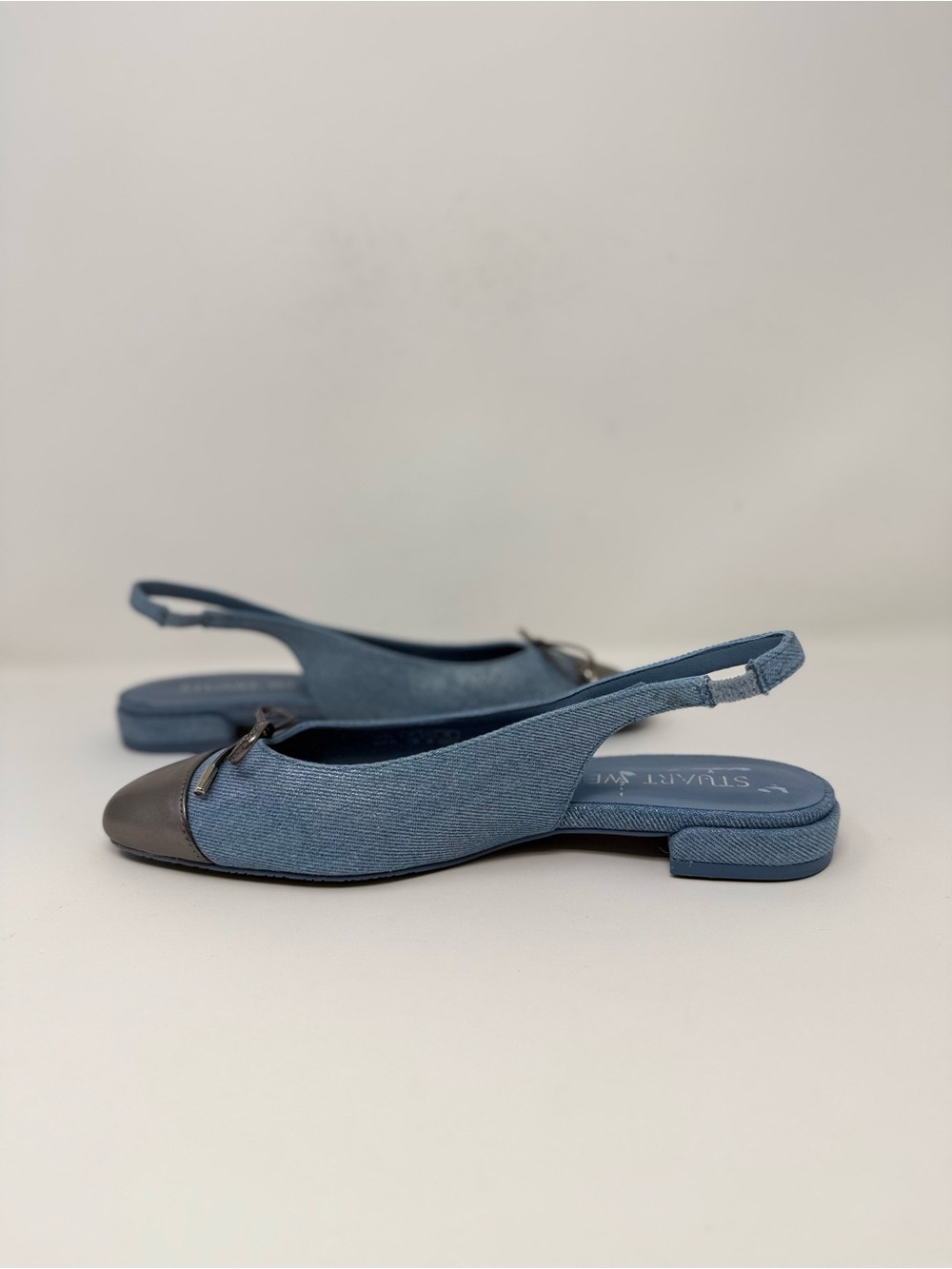 New Stuart Weitzman Sleek Bow Slingback Flat Metallic Denim Sz 7.5 - Picture 11 of 15